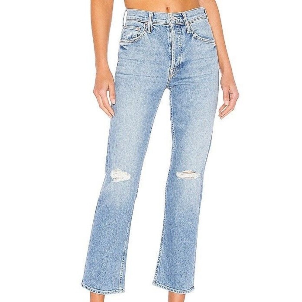 MOTHER The Tomcat Ankle High Rise Distressed Light Wash Blue Denim Jeans